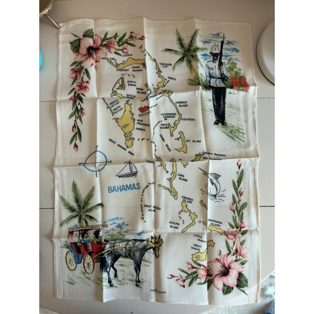 Vintage Bahamas Map Linen Tea Towel Souvenir MCM 60s Tapestry Fast Colours